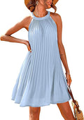 Women's Cute Halter Neck Sleeveless Mini Dress Solid Color Flowy Pleated Beach Dress Sundress