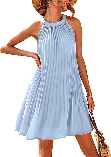 Women's Cute Halter Neck Sleeveless Mini Dress Solid Color Flowy Pleated Beach Dress Sundress