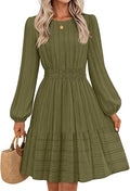 Women's Fall Long Puff Sleeve Casual Boho Flowy Dress | Crew Neck, Elastic Waist, Tiered Ruffle Hem, Cotton A Line Mini Vacation Dresses, Bridal Shower, Cocktail Date Night Outfits