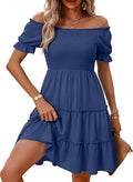Women's Summer Off Shoulder Dress Flowy Short Mini Dress | Square Neck Puff Sleeve A-Line Dress,Bohemian Beach Vacation Casual Dresses,Graduation Wedding Guest Sundresses